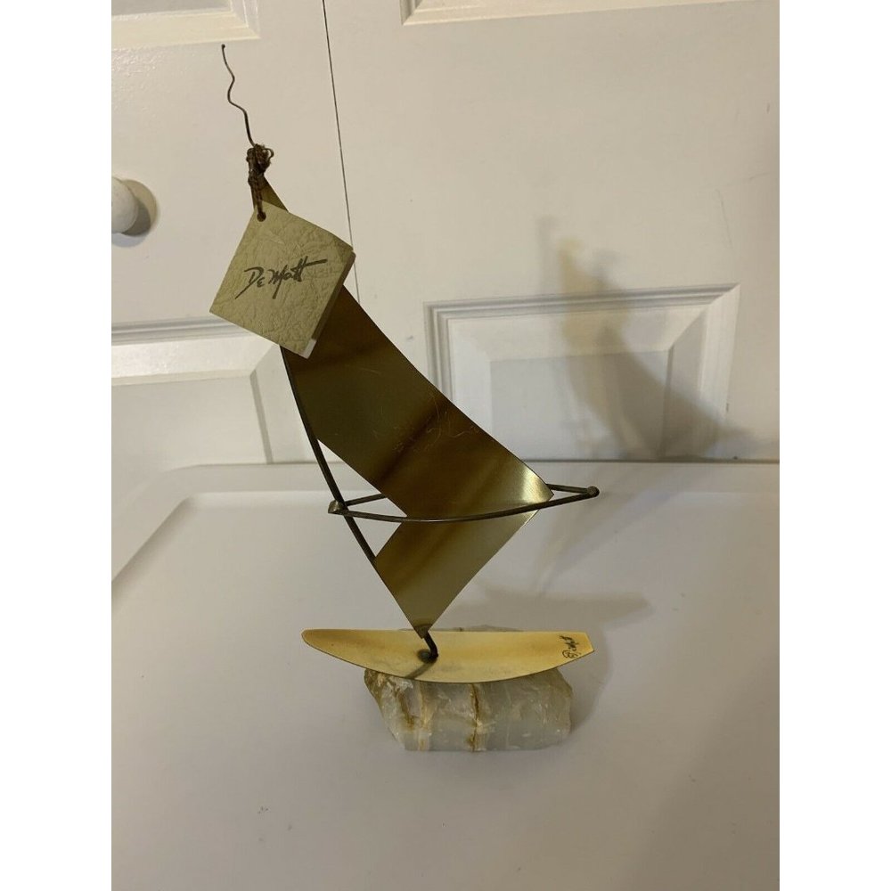 Brass Sailboat 11" Signed De Mott Sculpture Onyx Base‎ Nautical Ship Sailing